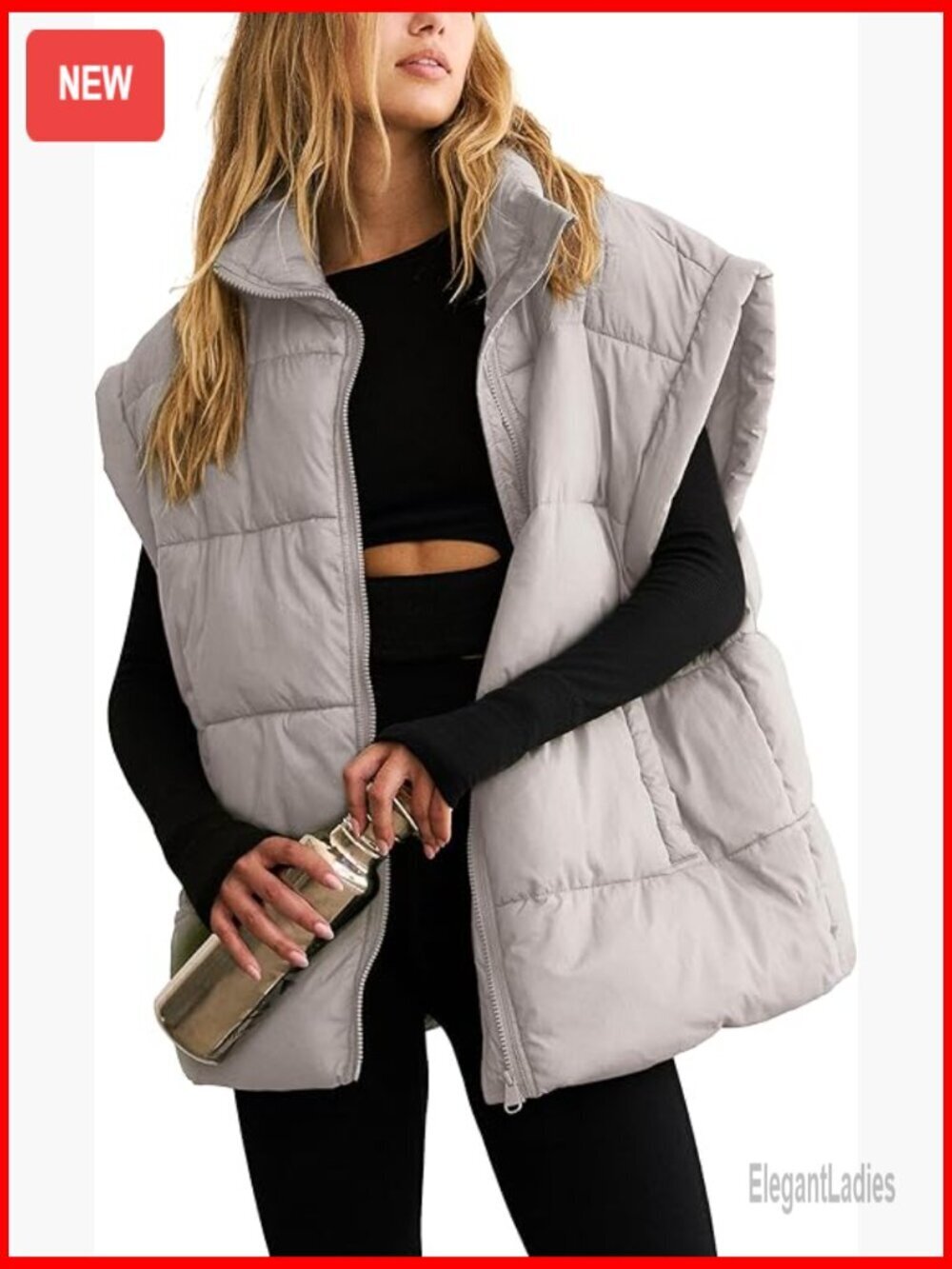 Winter Oversized Puffer Vest Quilted Lightweight Sleeveless Jacket with Pockets